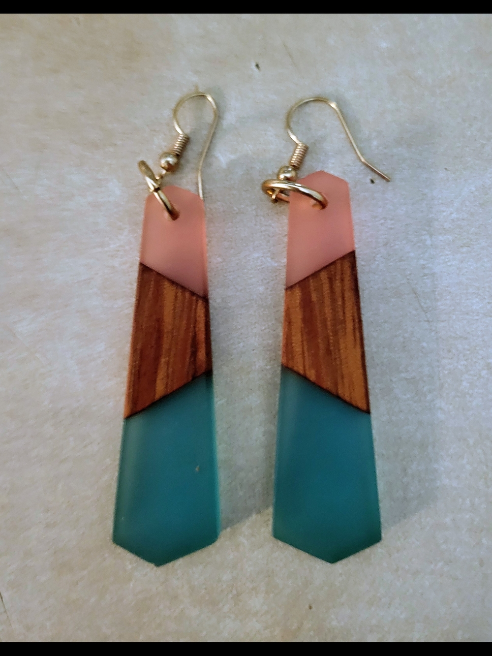 NWOT Handmade Pink, Teal & Wood Geometric Drop Earrings